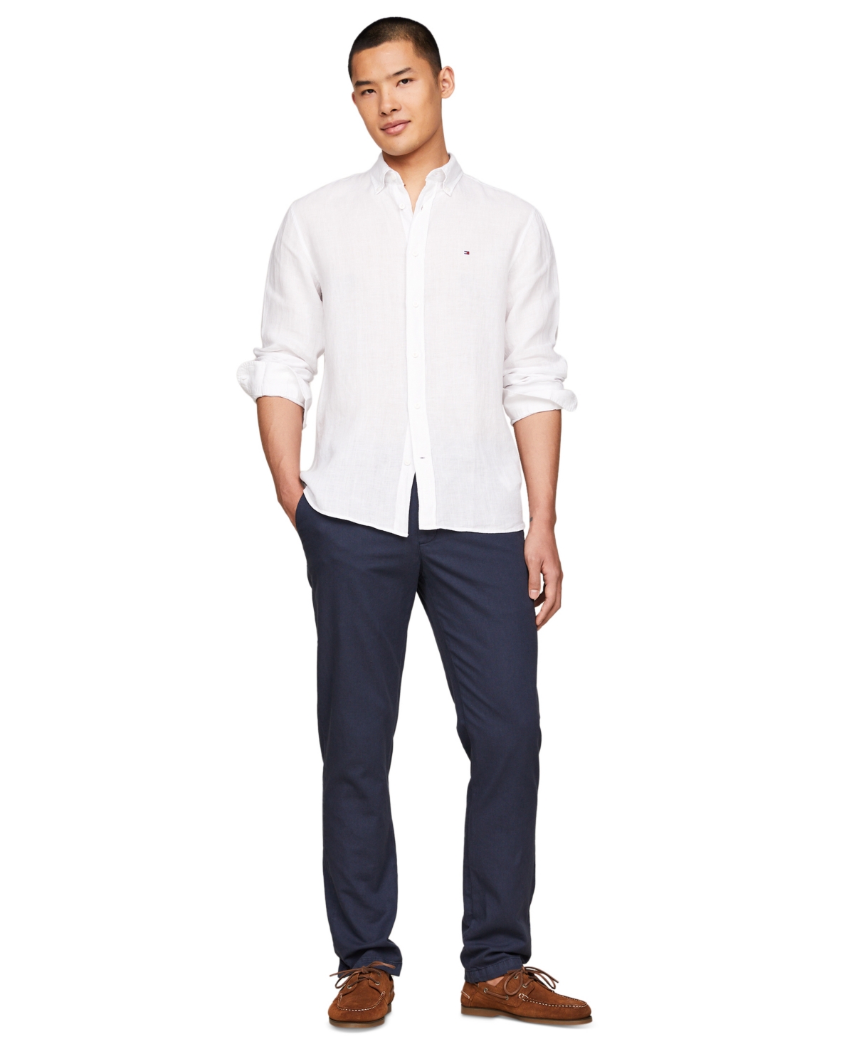 Tommy Hilfiger Men's Pigment-dyed Linen Button-down Long Sleeve Shirt In White