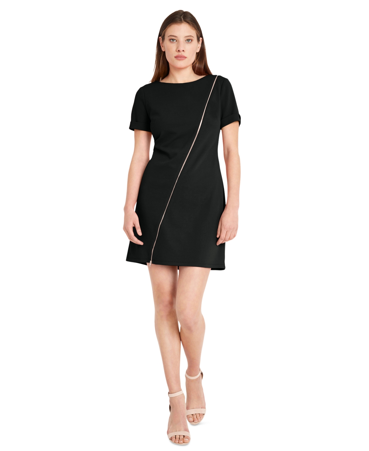 Women's Jewel-Neck Exposed-Zipper Mini Dress - Black