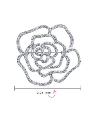 Large Fashion Statement Rose Flower Brooch Pin with Sparkling Crystals Silver Tone