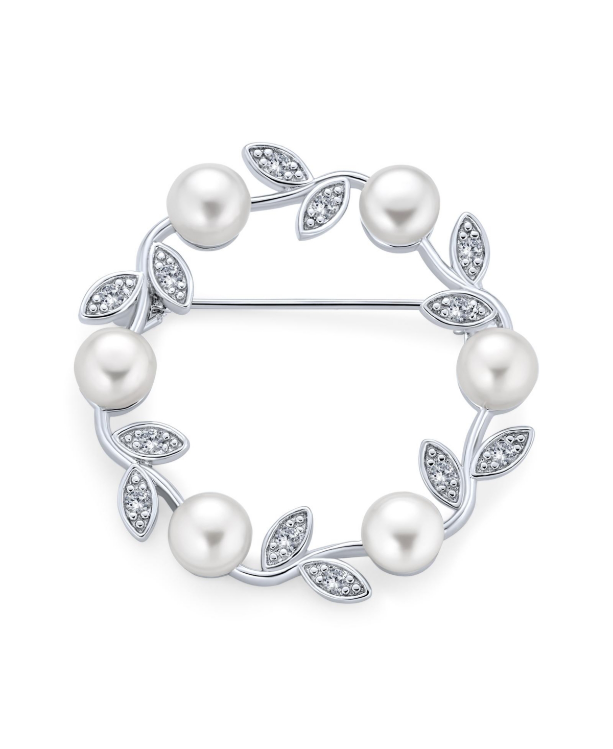 Elegant Classic White 7MM Freshwater Cultured Pearl Circle Leaf Scarf Brooch Pin For Women Wedding.925 Sterling Silver - White