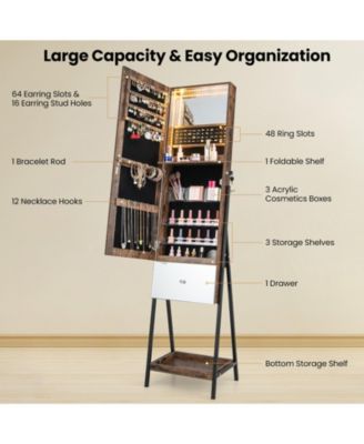Lockable Freestanding Jewelry Organizer with Full-Length Frameless Mirror