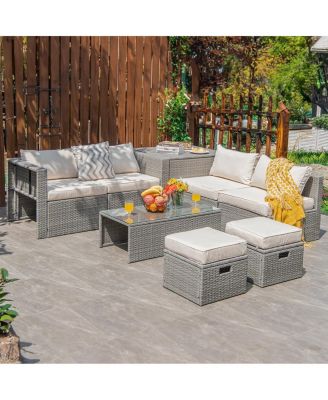 8 Pieces Patio Rattan Furniture Set with Storage Waterproof Cover and Cushion