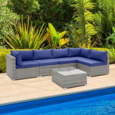 6 Piece Patio Conversation Sofa Set with Tempered Glass Coffee Table