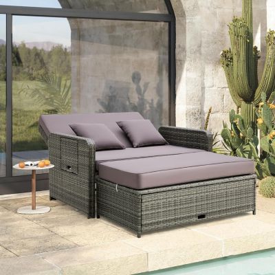 Wicker Loveseat Sofa with Multipurpose Ottoman and Retractable Side Tray