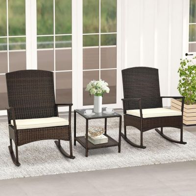 3 Piece Patio Rocking Set Wicker Rocking Chairs with 2-Tier Coffee Table