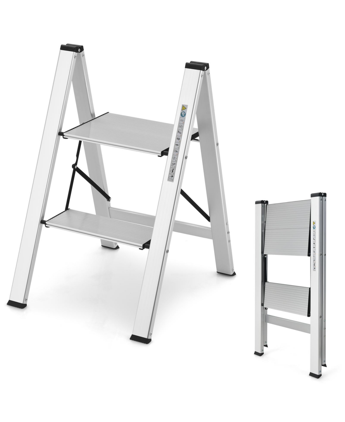 Folding Aluminum 2-Step Ladder with Non-Slip Pedal and Footpads - Silver