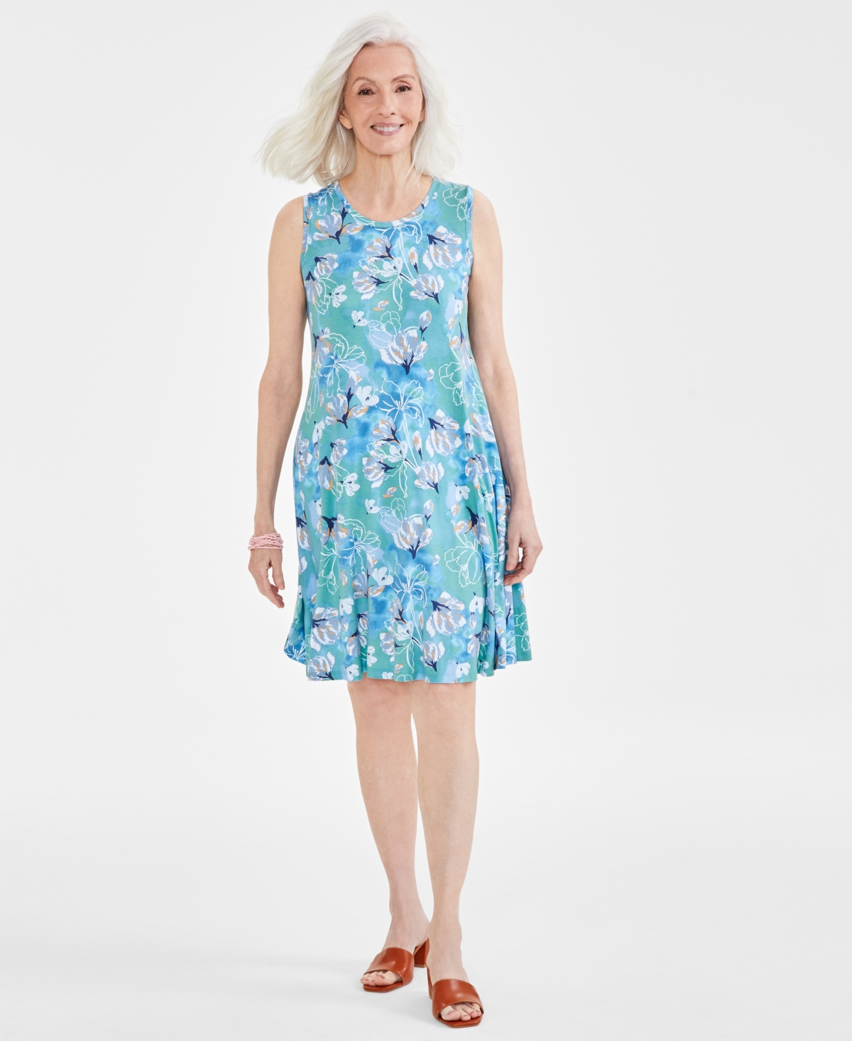Shop Style & Co Women's Printed Sleeveless Knit Flip Flop Dress, Created For Macy's In Teal Floral