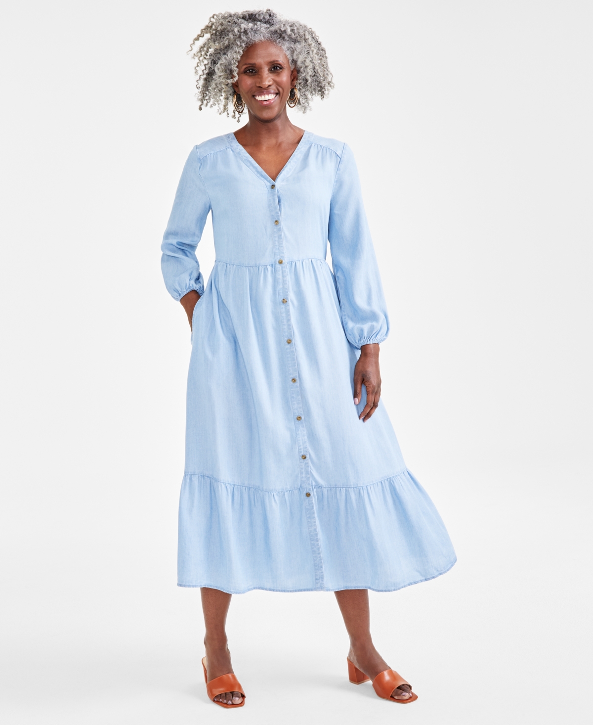 Shop Style & Co Women's Chambray Tiered Midi Dress, Created For Macy's In Emma Wash