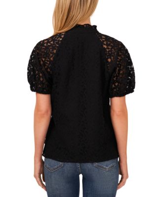 Women's Floral Lace Puff Sleeve Split Neck Top