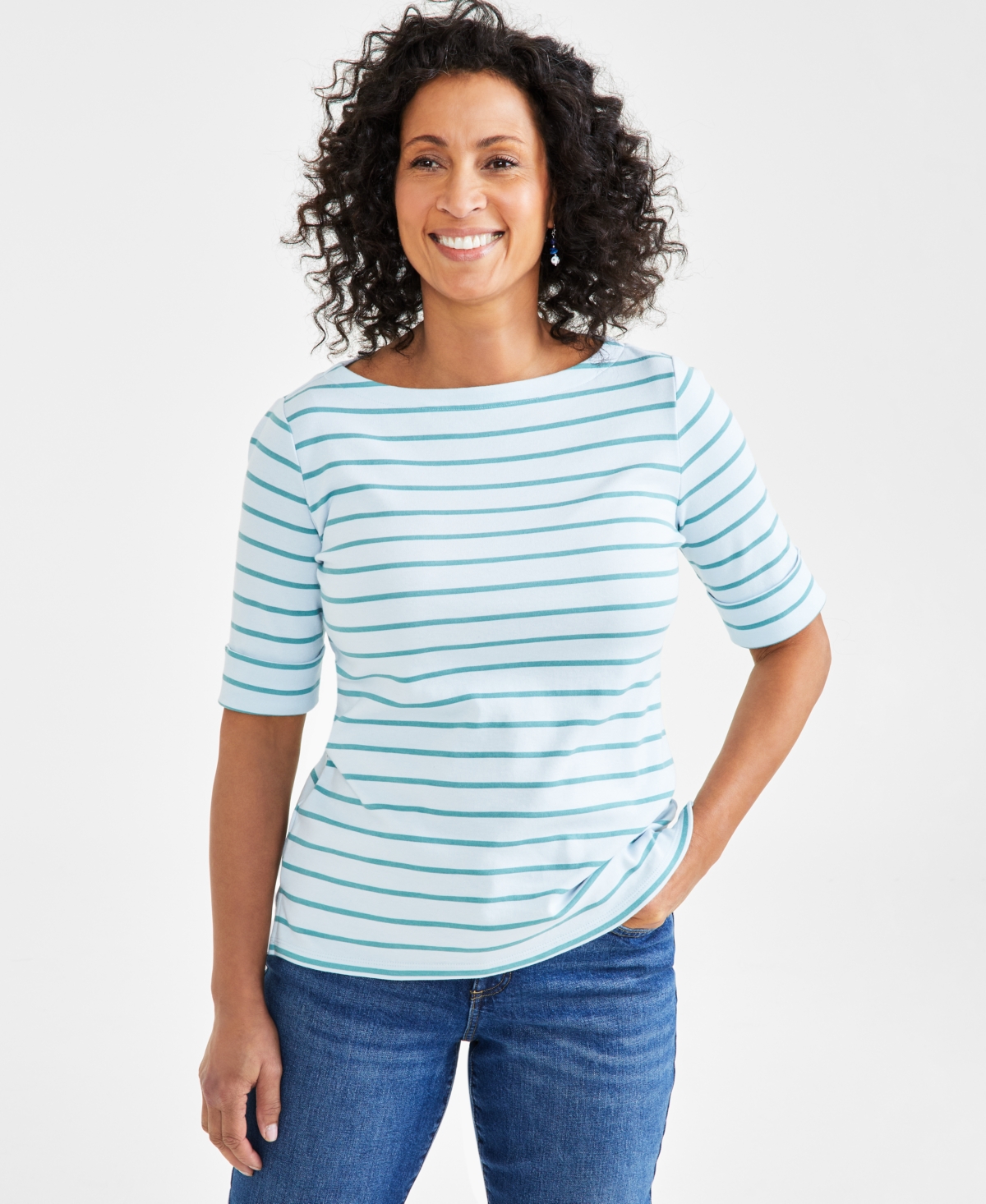 Style & Co Women's Striped Boat-neck Elbow-sleeve Top, Created For Macy's In Light Blue Stripe