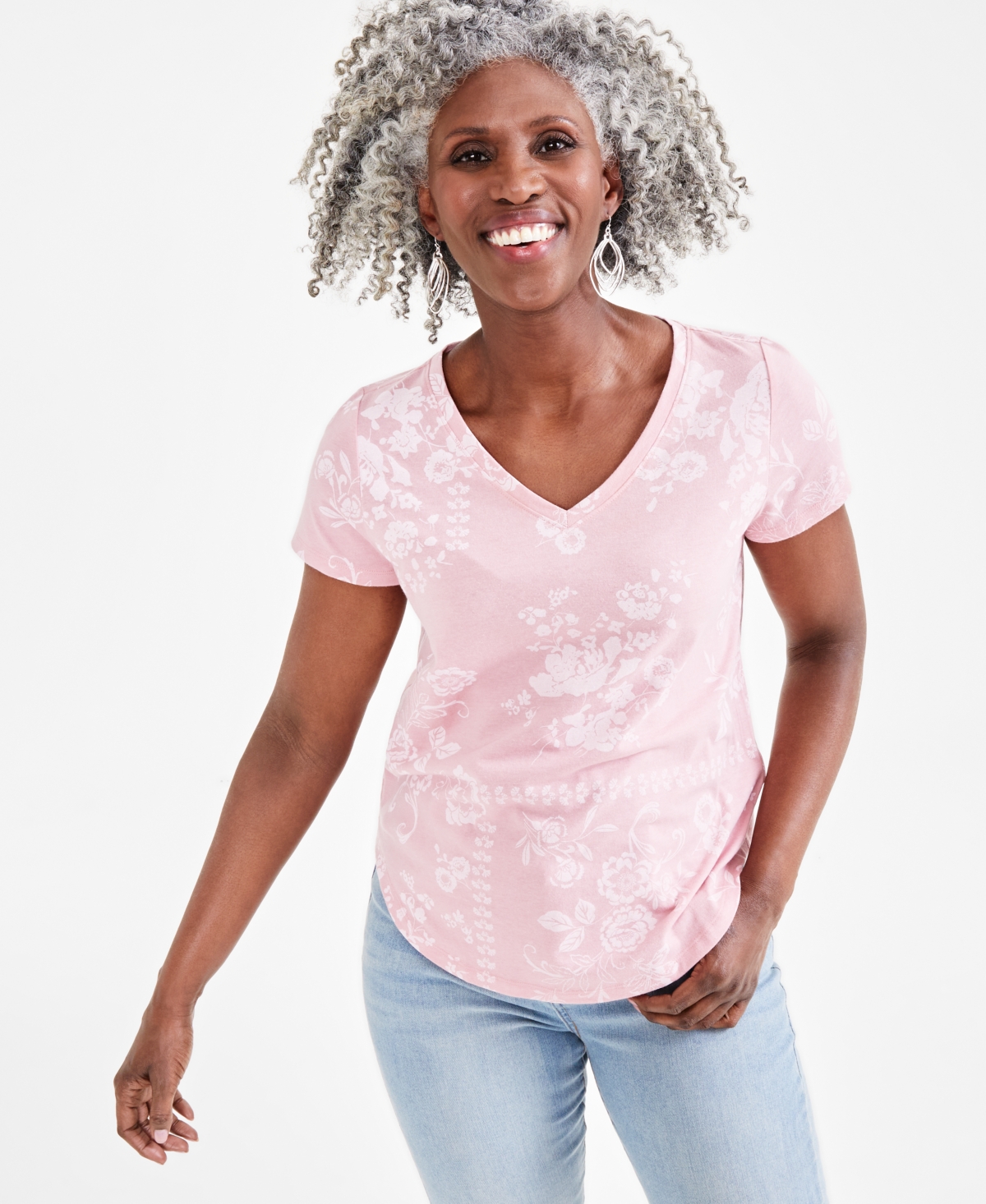 Style & Co Women's Printed V-neck T-shirt, Created For Macy's In Pink Scarf