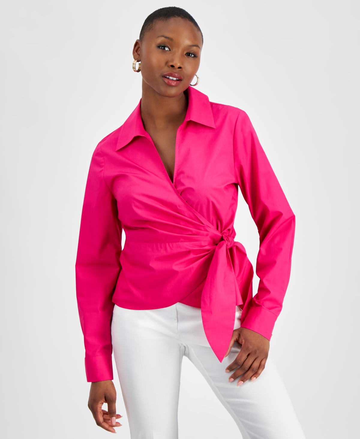 Petite Collared Waist-Tie Blouse, Created for Macy's - Pink Dragon Fruit