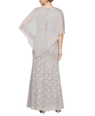 Petite Round-Neck Sequin Lace Cape Dress