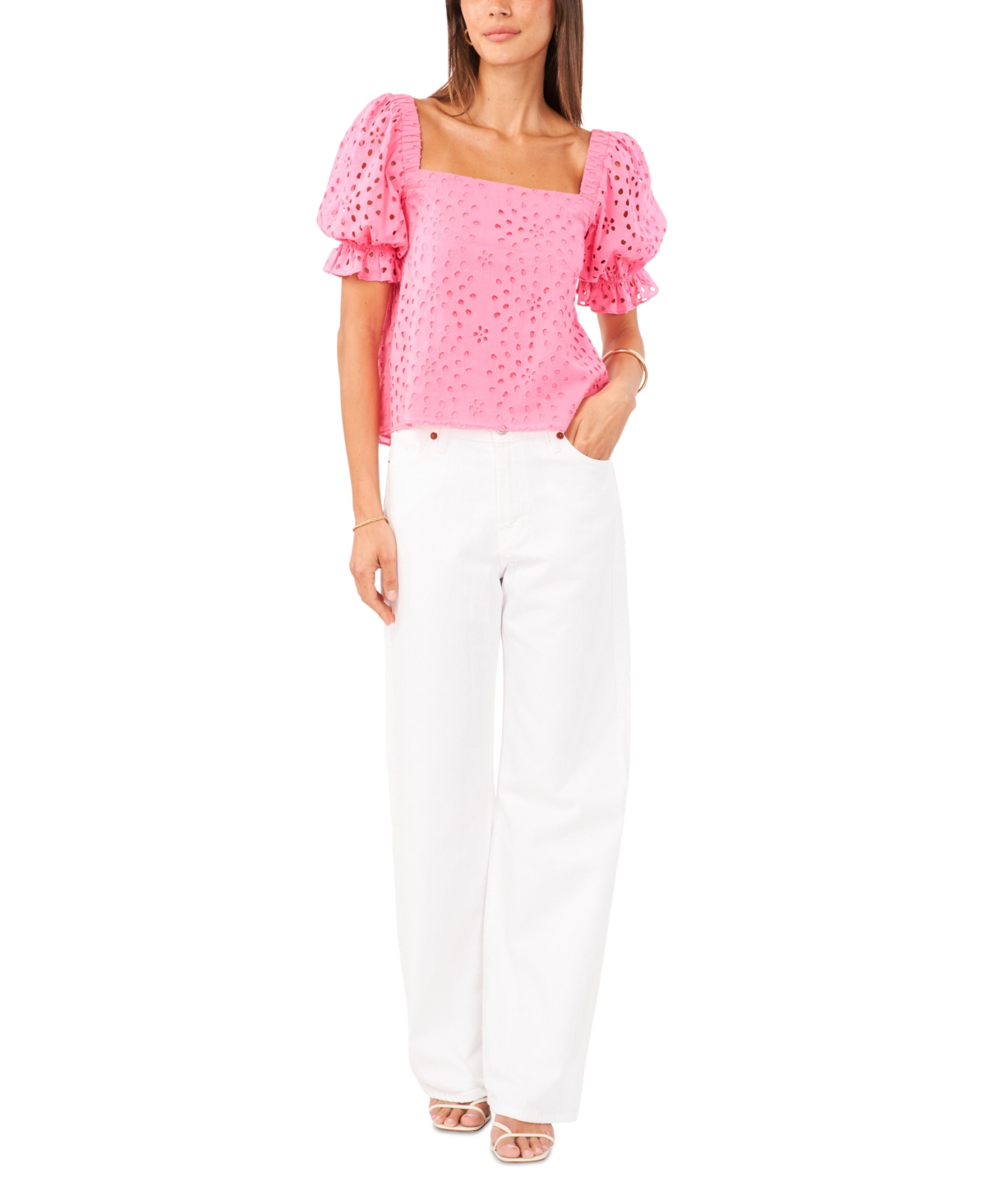 Shop 1.state Women's Eyelet Puff-sleeve Square Neck Top In Island Bloom