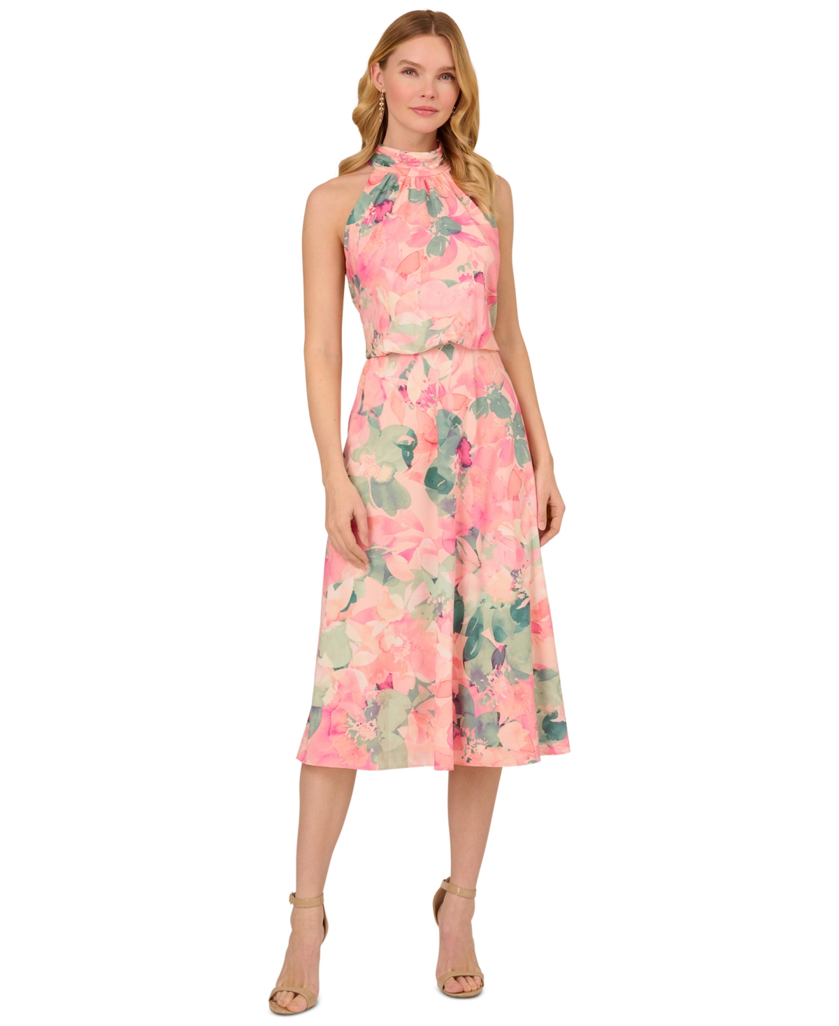 Shop Adrianna Papell Women's Printed High-neck Sleeveless Midi Dress In Blush Multi