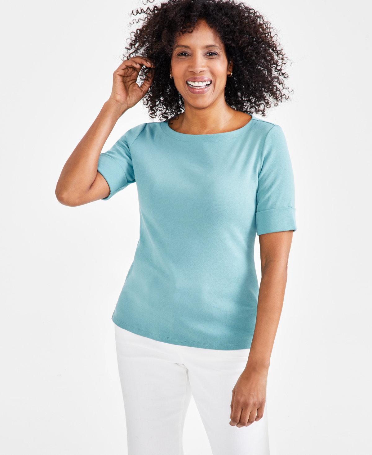 Style & Co Petite Cotton Elbow-sleeve Boat-neck Top, Created For Macy's In Desert Teal