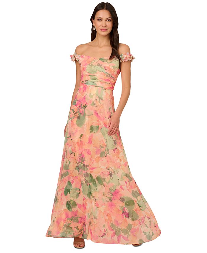 Adrianna Papell Women's Printed Off-The-Shoulder Chiffon Gown - Macy's