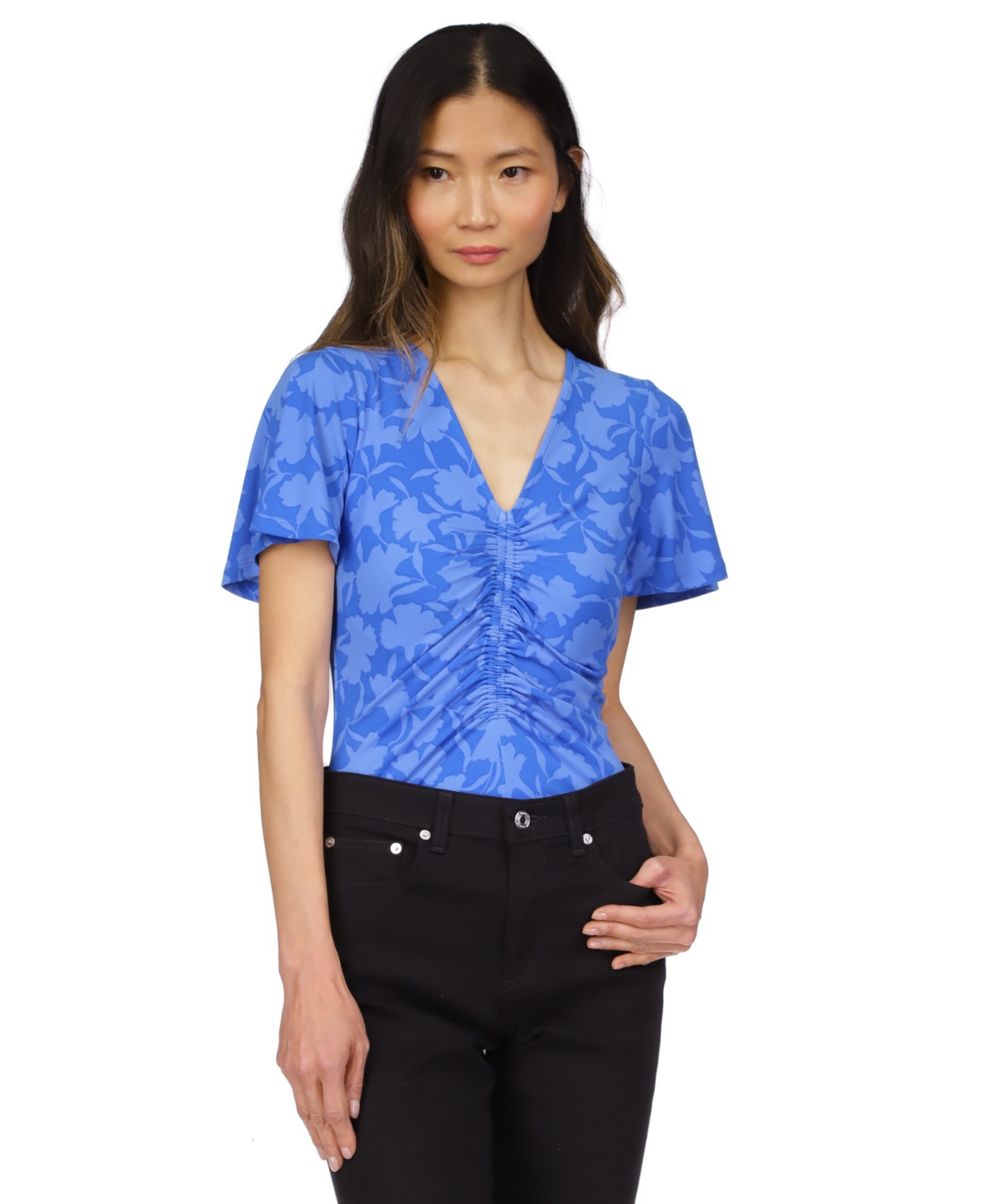 Shop Michael Kors Michael  Women's Printed Ruched Flutter-sleeve Top In Grecian Blue