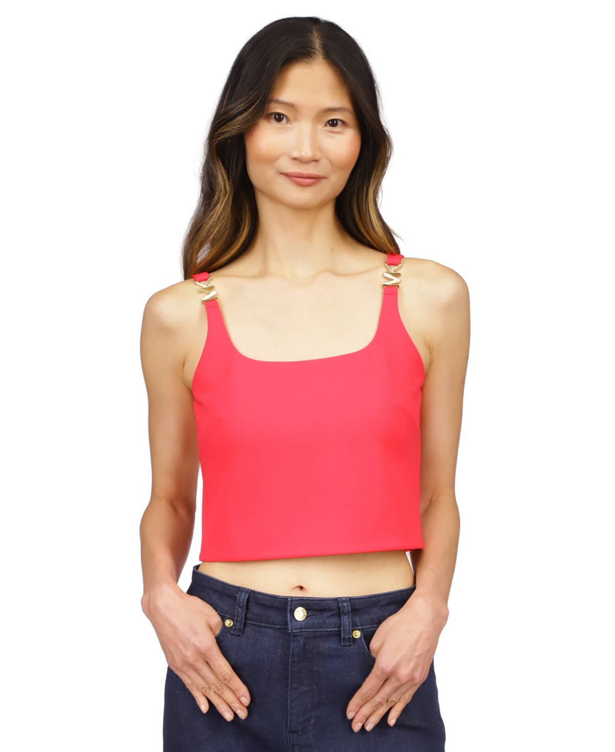 Michael Kors Michael  Women's Logo-strap Cropped Sleeveless Top In Deep Pink