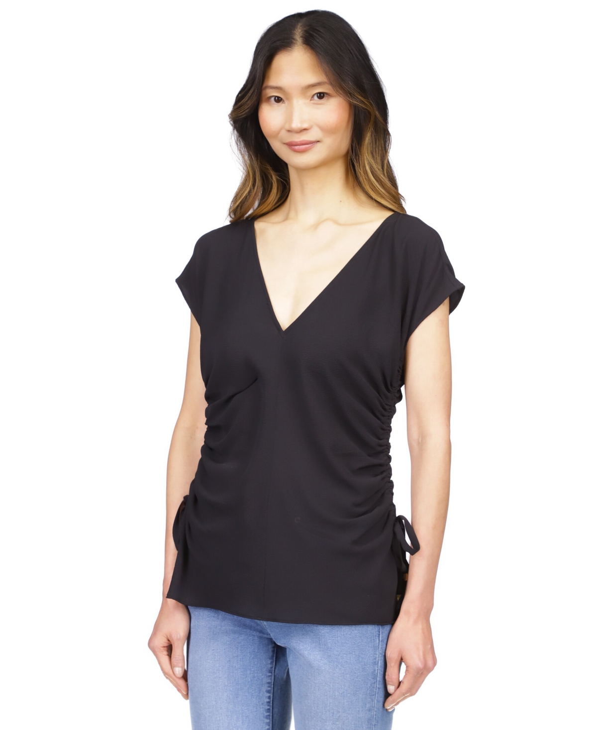 Michael Kors Michael  Women's Solid Ruched V-neck Top In Black