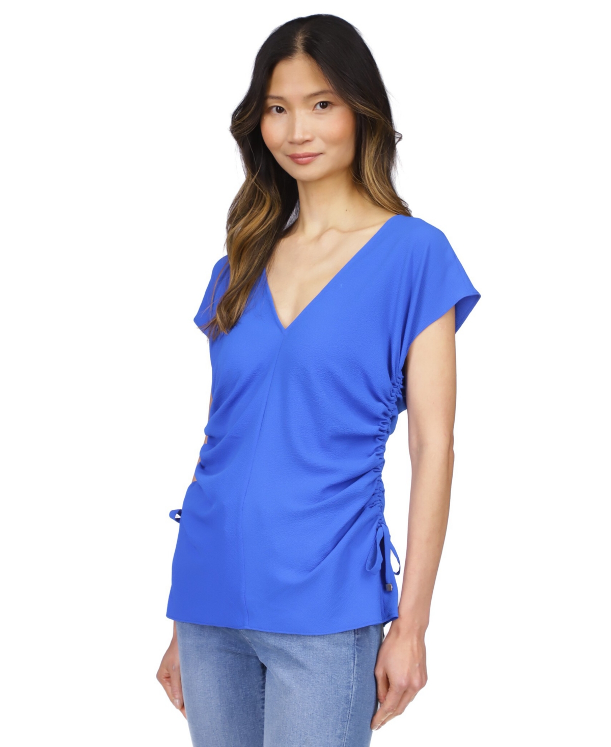 Michael Kors Michael  Women's Solid Ruched V-neck Top In Grecian Bl