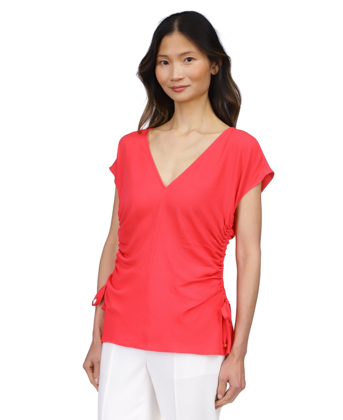 Michael Kors Michael  Women's Solid Ruched V-neck Top In Deep Pink