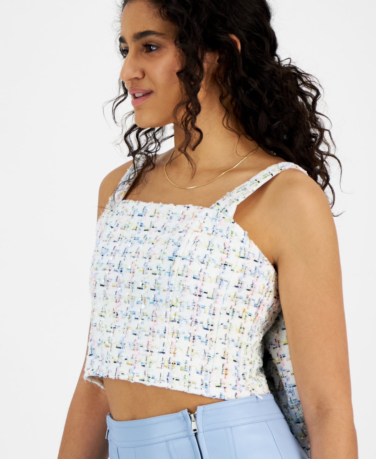 Shop Avec Les Filles Women's Tweed Bow-back Cropped Top In Multi Color Tweed