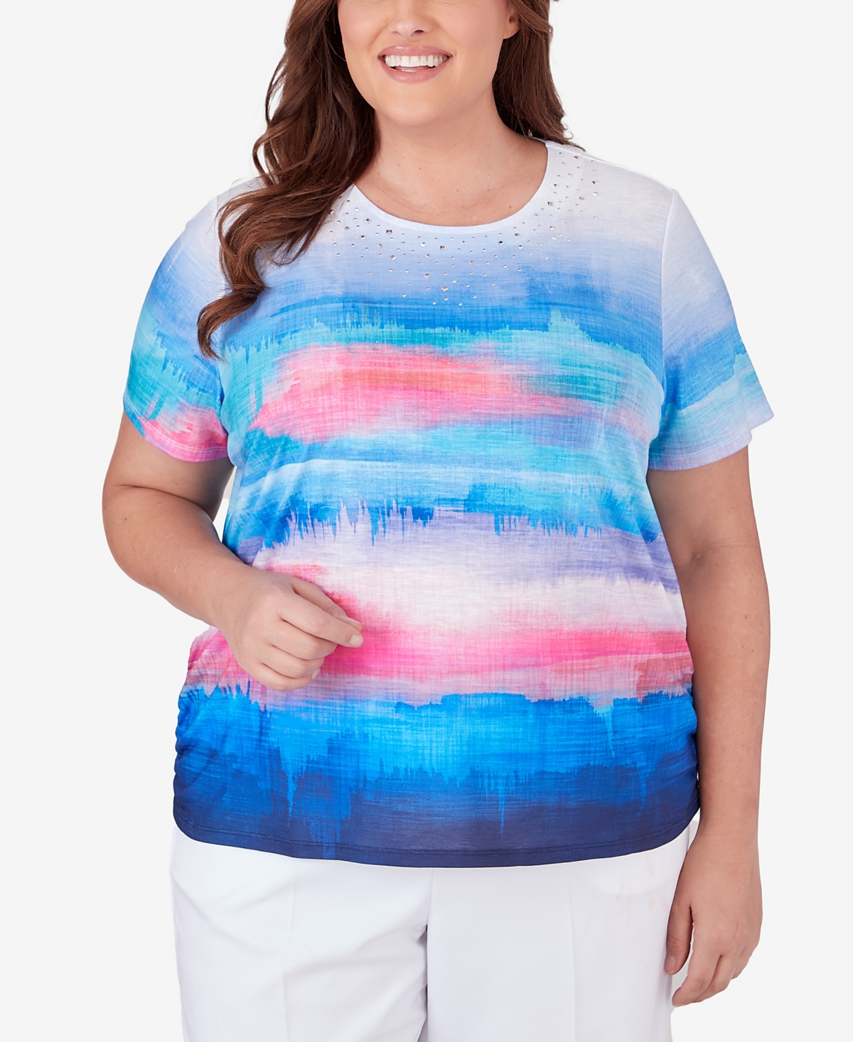 Shop Alfred Dunner Plus Size Paradise Island Short Sleeve Watercolor Stripe Top With Side Ruching In Multi