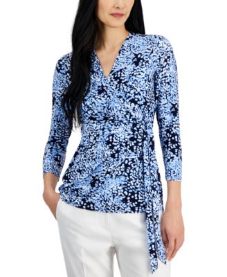 Anne Klein Women's Faux-Wrap Tie-Side 3/4-Sleeve Top - Macy's Anne Klein Women's Faux-Wrap Tie-Side 3/4-Sleeve Top - Macy's