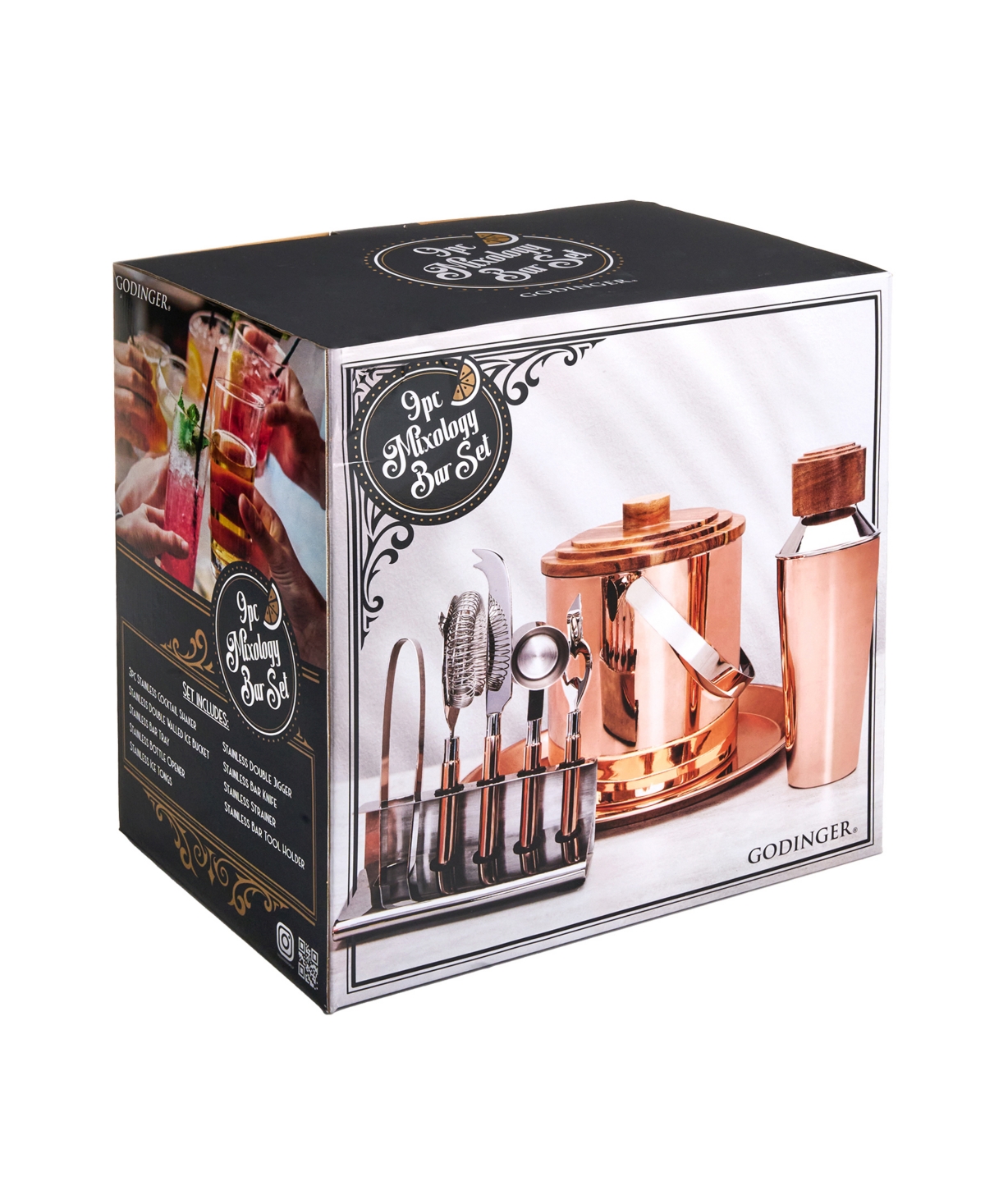 Godinger Copper 9 Piece Stainless Bar Set Crafted From High Quality Stainless With Acacia Wood Accents In Orange