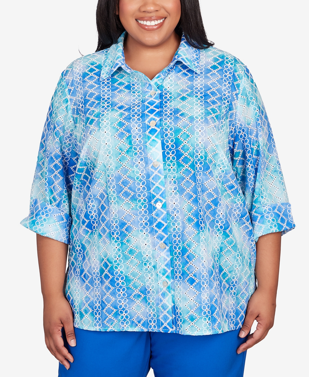 Shop Alfred Dunner Plus Size Tradewinds Eyelet Tie Dye Button Down Top In Multi