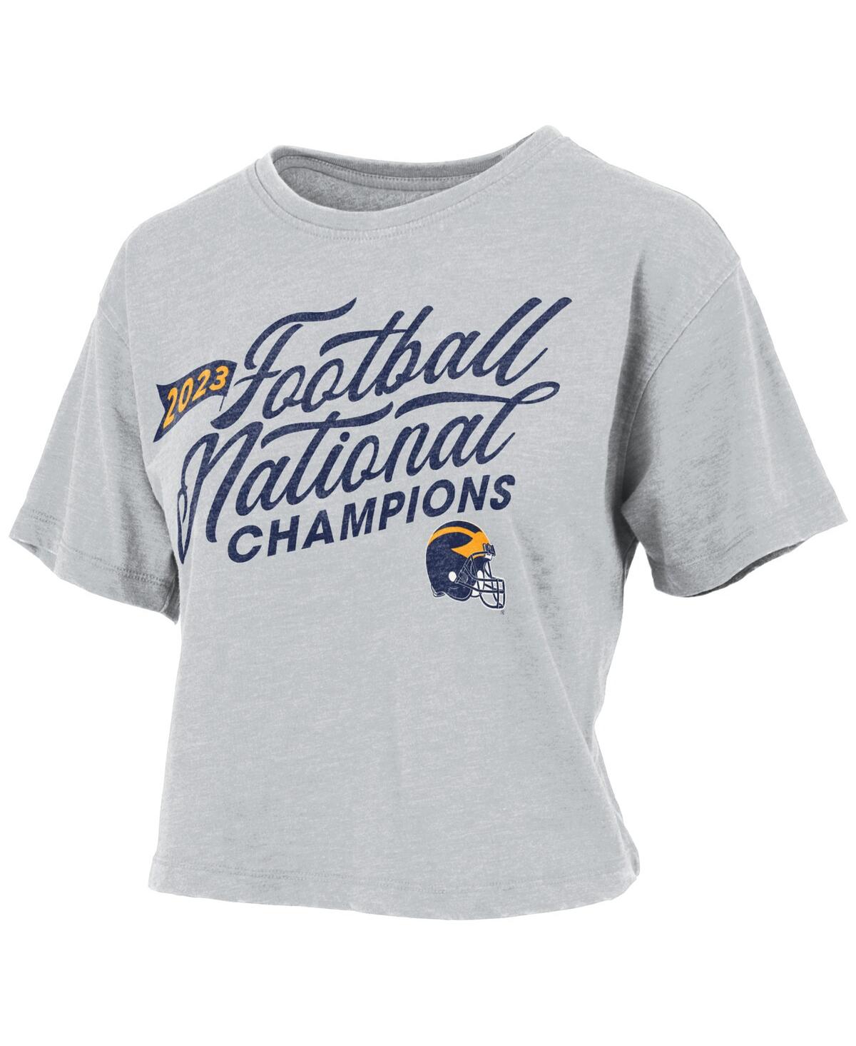 Women's PressboxDistressed Michigan Wolverines College Football Playoff 2023 National Champions Vintage-Like Waist-Length T-shirt - Gray