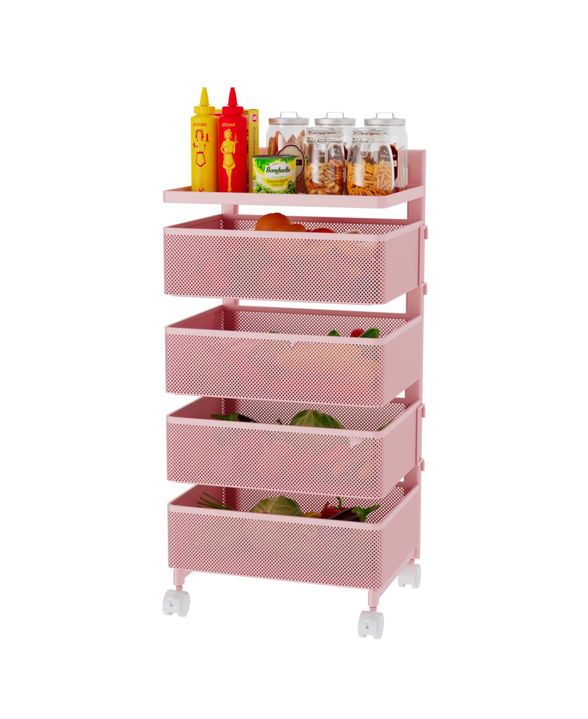 4 Tier Metal Utility Cart with Lockable Wheels, Rotating Shelf Household Organization Rack Corner