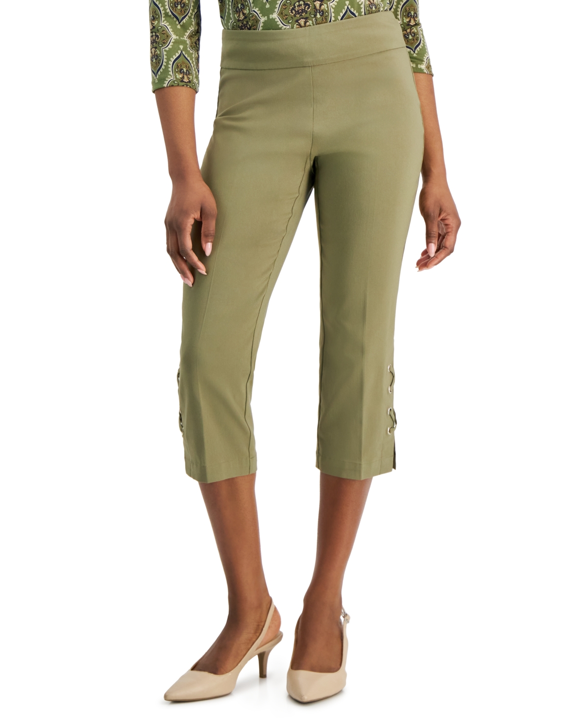 Jm Collection Petite Side-lace-up Capri Pants, Created For Macy's In Army Green