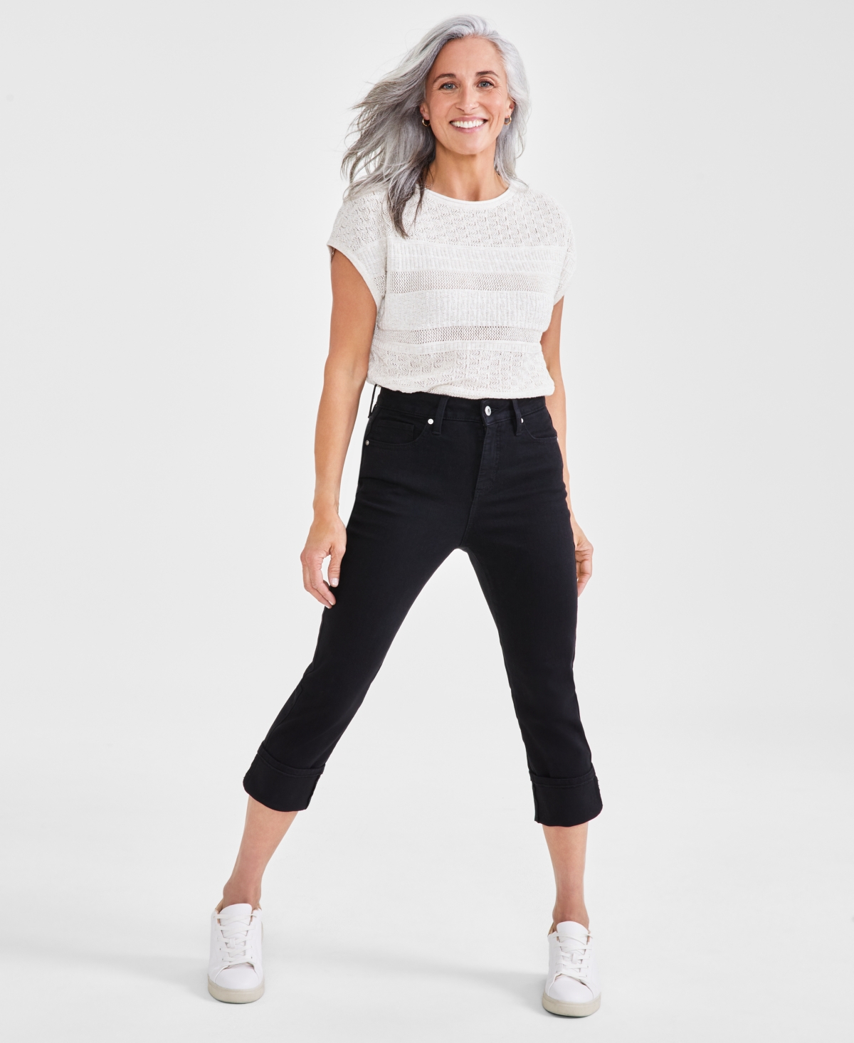 Petite High-Rise High-Cuff Capri Jeans, Created for Macy's - Deep Black