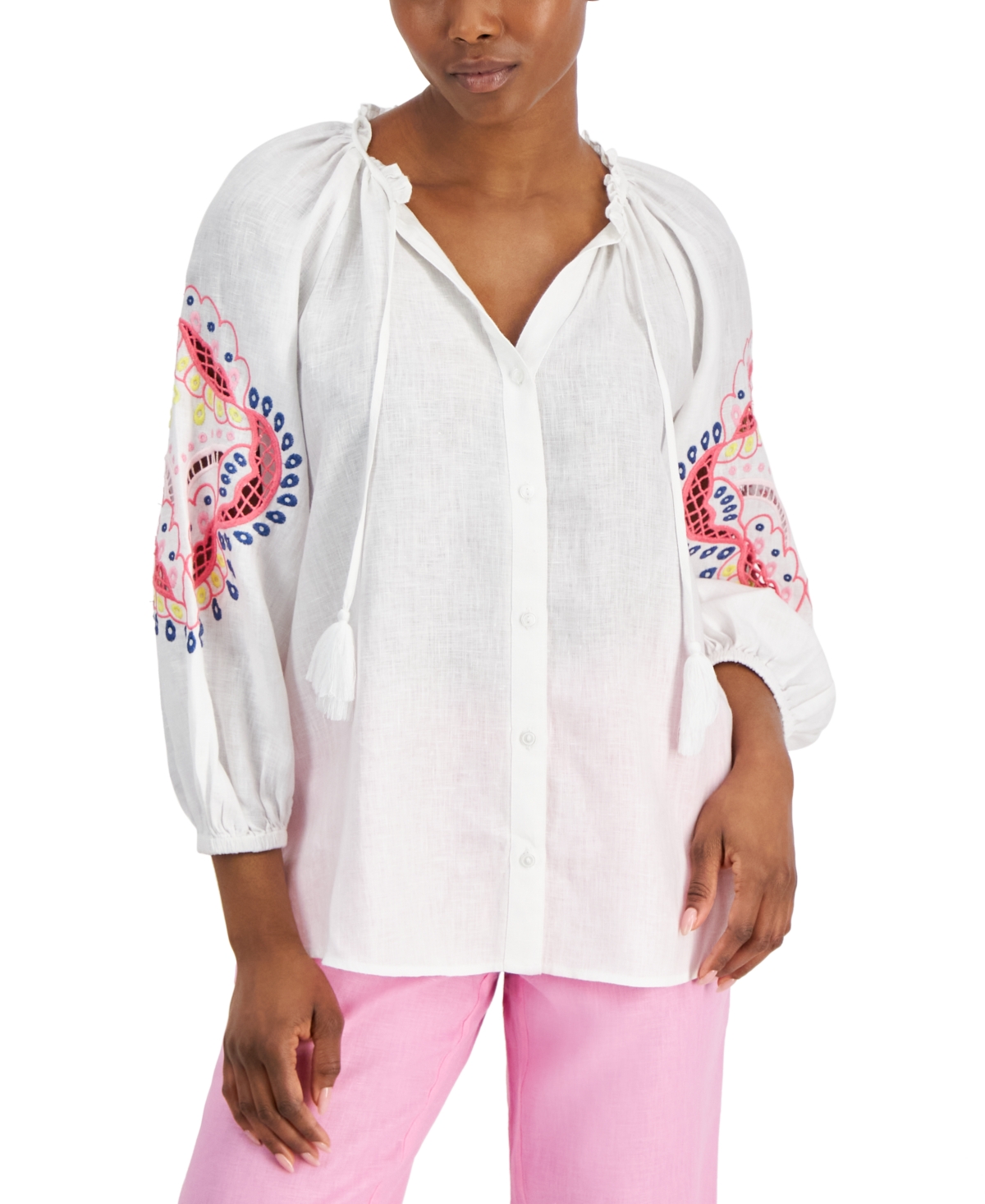 Petite Linen Split-Neck Cutwork-Sleeve Top, Created for Macy's - Bright White