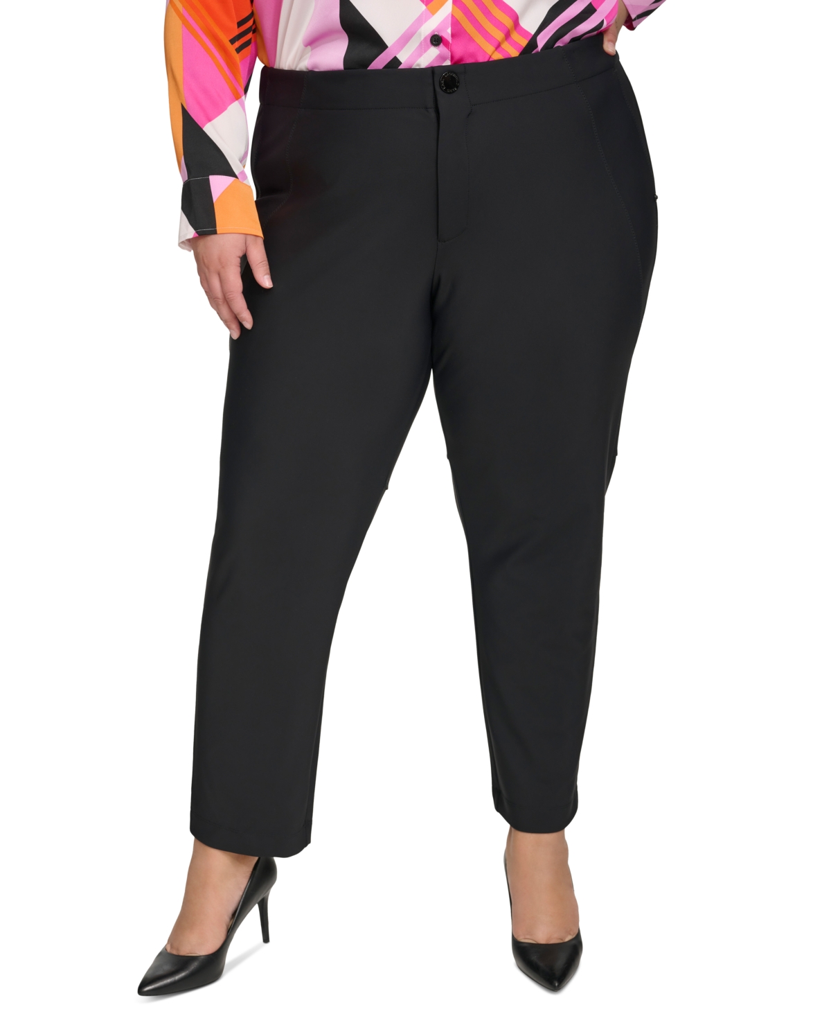 Shop Karl Lagerfeld Plus Size Mid Rise Compression Pants, First@macy's In Black