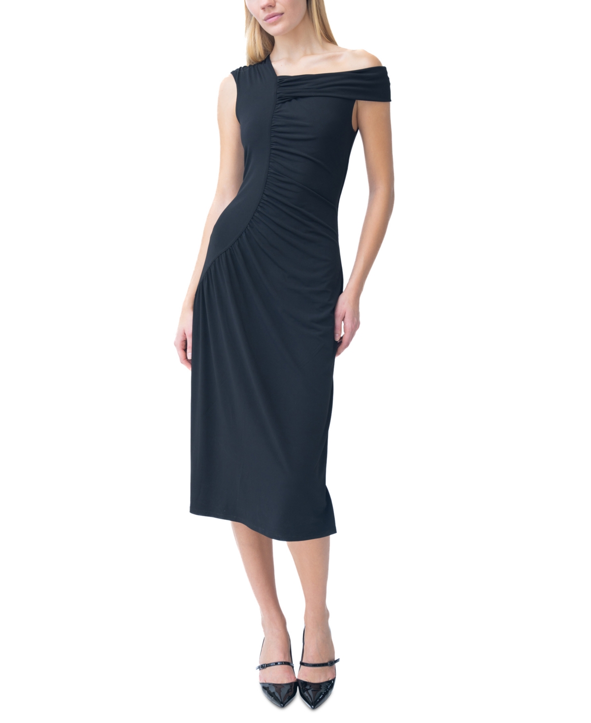 Shop Adrienne Landau Women's Asymmetric-neck Shirred Midi Dress In Jet Black