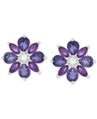 Iolite (1 ct. t.w.), Amethyst (1/2 ct. t.w.) & White Topaz (1/20 ct. t.w) Flower Stud Earrings in Sterling Silver