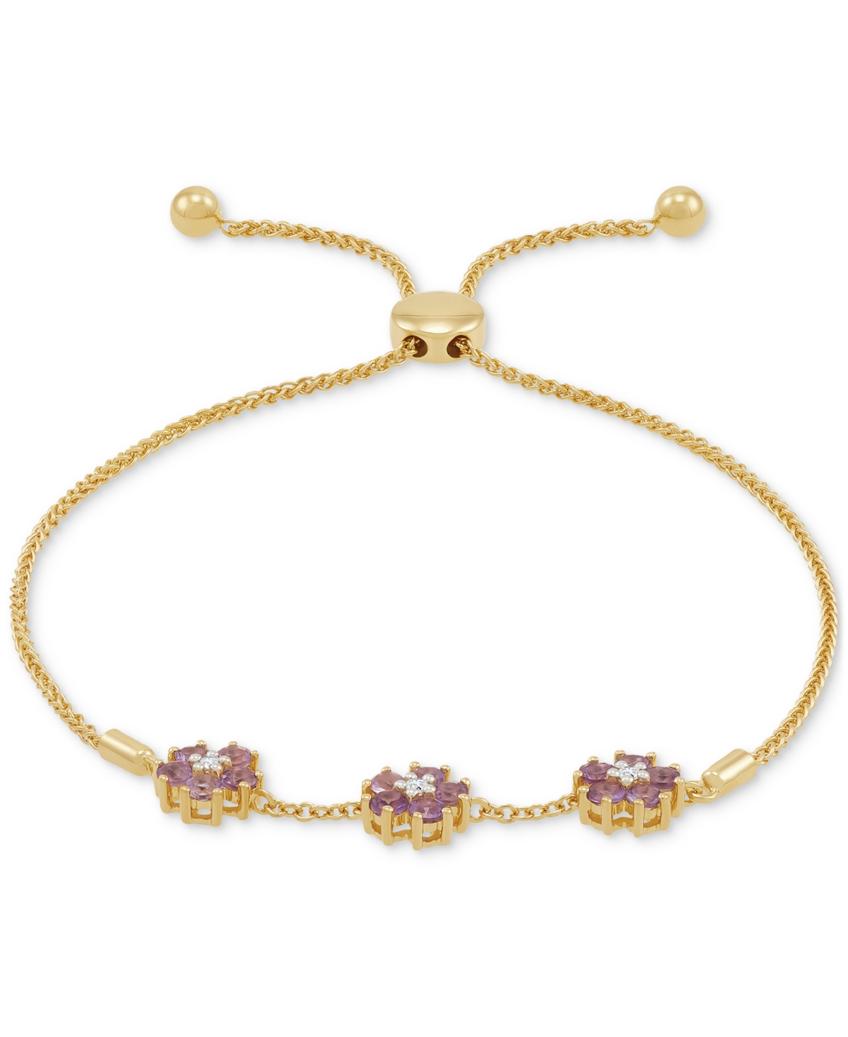 (7/8 ct. t.w.) & Lab-Grown White Sapphire (1/20 ct. t.w.) Triple Flower Bolo Bracelet (Also in Garnet & Lab-Grown Pink Sapphire) - Amethyst