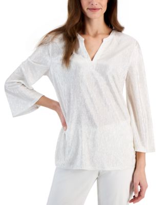 JM Collection - Petite Pleated Shine V-Neck Top