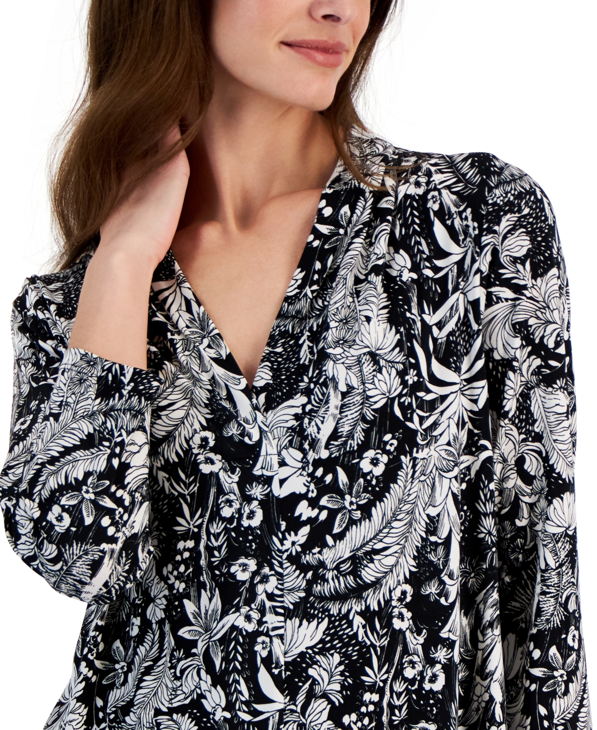 Shop Jm Collection Women's Printed 3/4 Sleeve V-neck Knit Top, Exclusively At Macy's In Black Feather Floral Combo