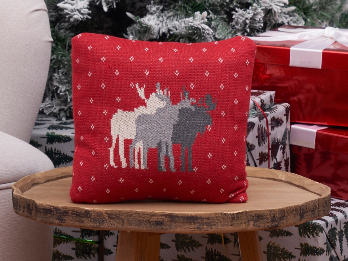 10" x 10" Red Background Featuring 3 Moose Cotton Petite Accent Throw Pillows White, Light Grey & Dark Gray Moose