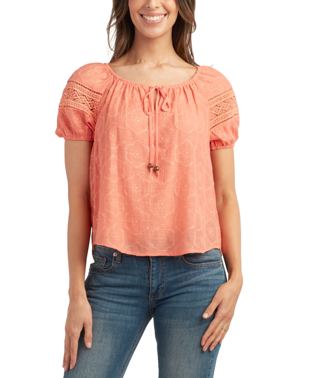 Juniors' Floral Embroidered Scoop Neck Puff-Sleeve Top - Color