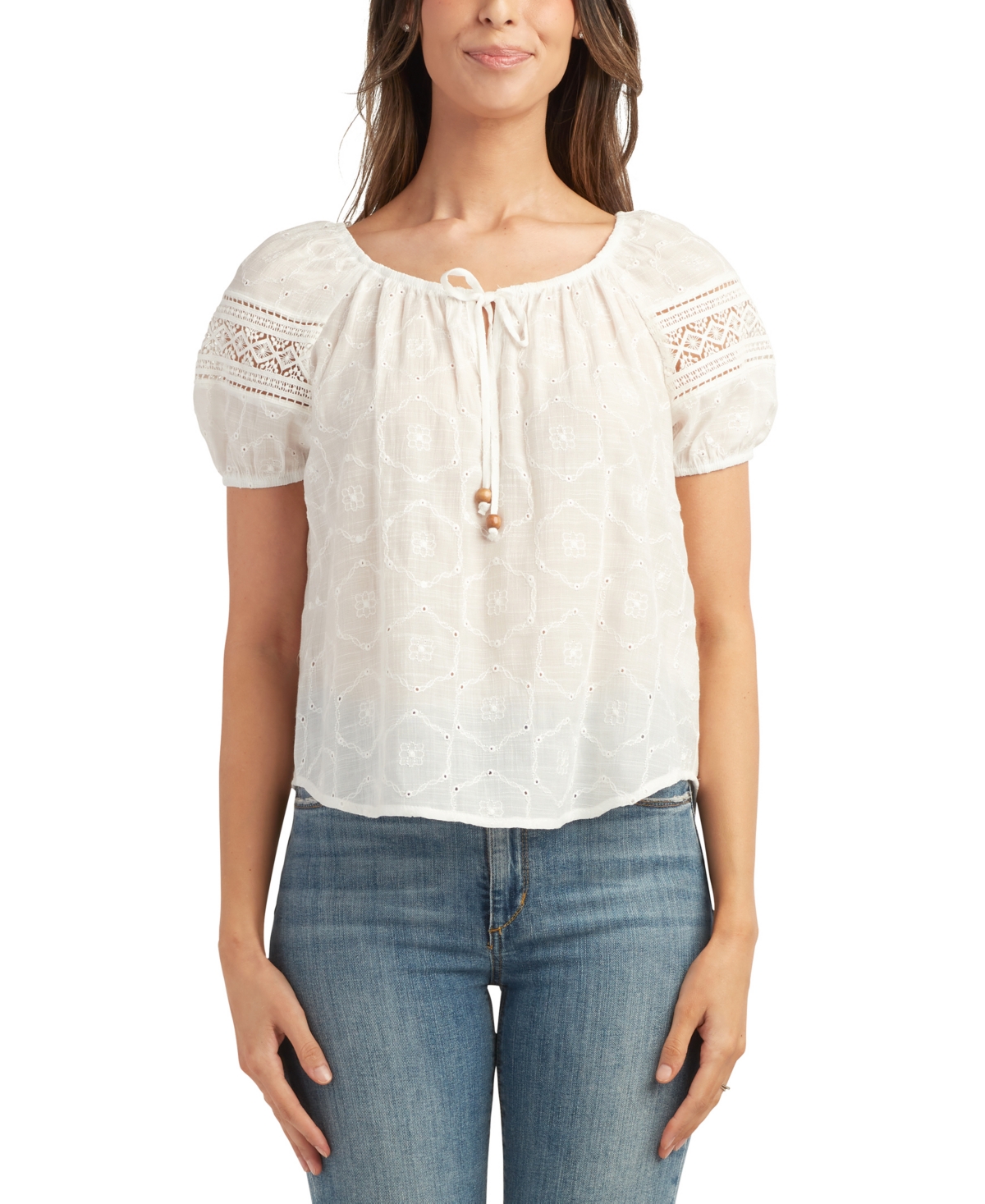 Juniors' Floral Embroidered Scoop Neck Puff-Sleeve Top - Color