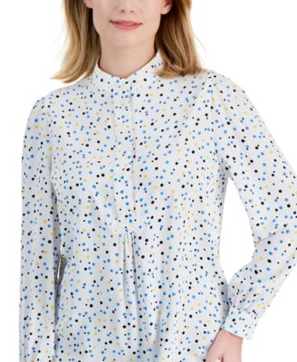 Anne Klein - Petite Dot Print Band Collar Long-Sleeve Top