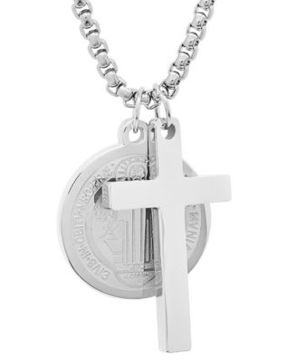 Men's Stainless Steel Cross and St. Benedict Religious 24" Pendant Necklace