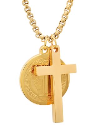 Men's Stainless Steel Cross and St. Benedict Religious 24" Pendant Necklace