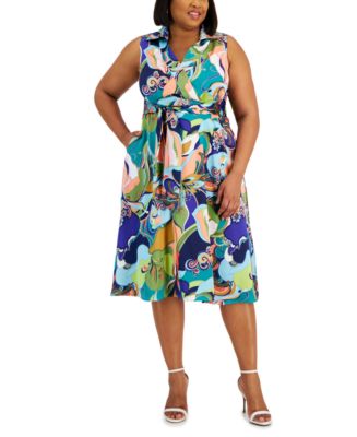 Tahari Plus Size Printed Sleeveless Tie-waist Satin Dress - Macy's