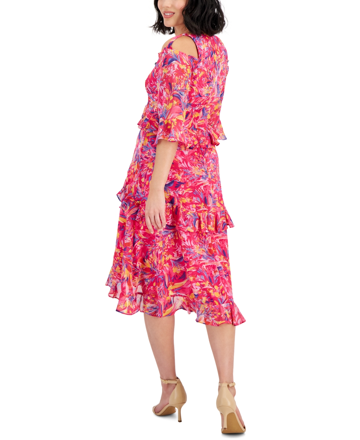 Shop Tahari Petite Printed Cold-shoulder Asymmetric-ruffle Dress In Shocking Pink Multi